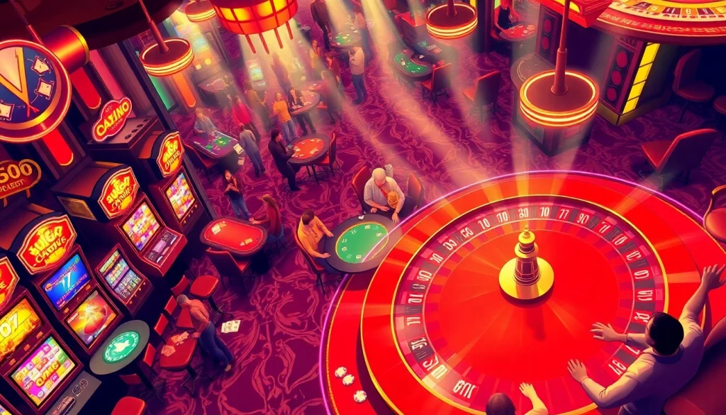 Experience the thrill of kèo nhà cái at a lively casino, showcasing intense gameplay with poker tables and slot machines.
